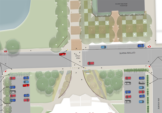 The above rendering details how a new plaza and redesigned crosswalk at College Avenue may appear.